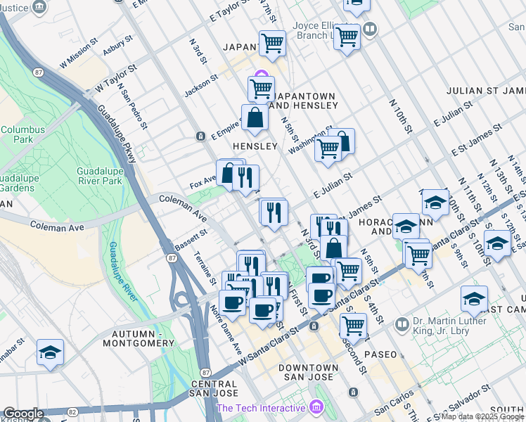 map of restaurants, bars, coffee shops, grocery stores, and more near 45 East Julian Street in San Jose
