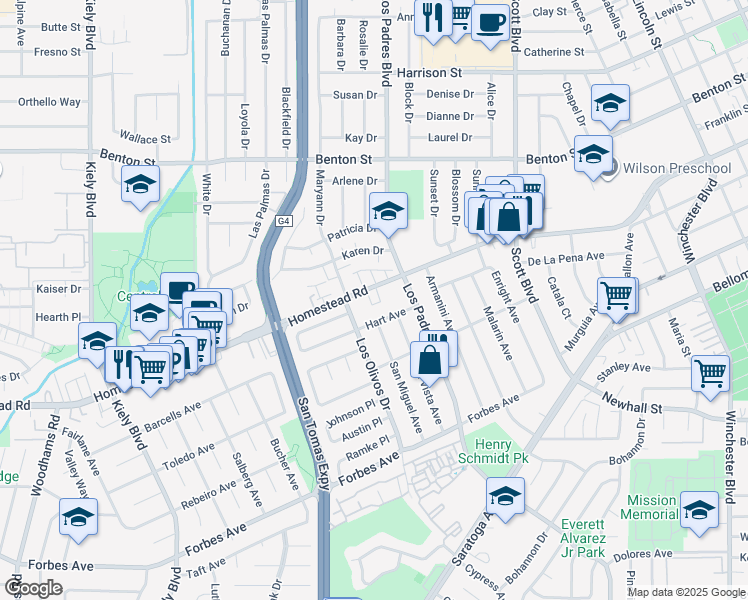 map of restaurants, bars, coffee shops, grocery stores, and more near 2353 Hart Avenue in Santa Clara
