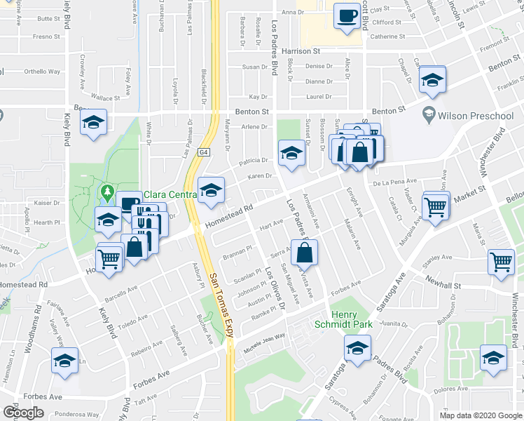 map of restaurants, bars, coffee shops, grocery stores, and more near 2353 Hart Avenue in Santa Clara