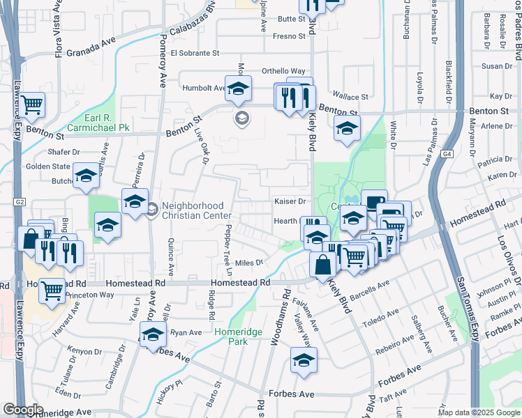 map of restaurants, bars, coffee shops, grocery stores, and more near 2975 Via Torino in Santa Clara
