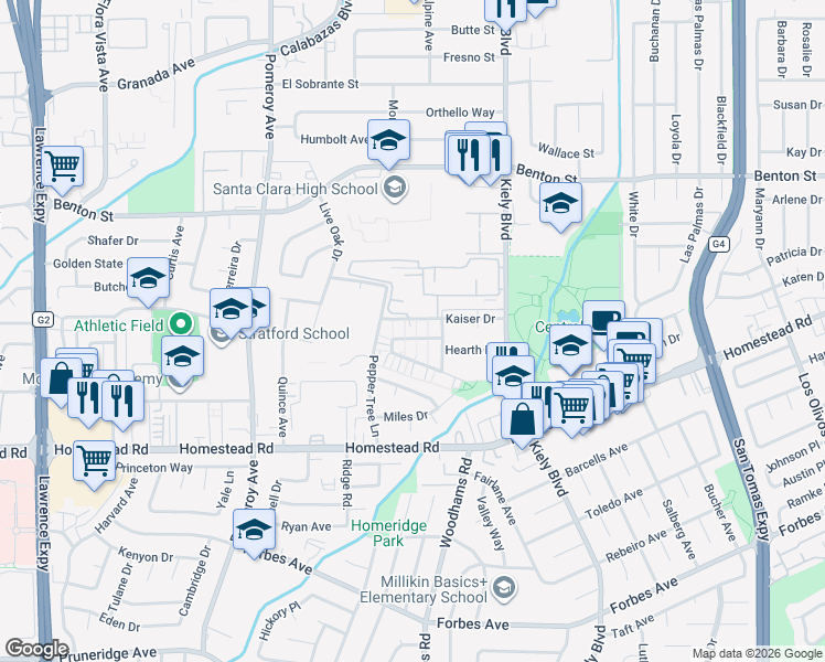 map of restaurants, bars, coffee shops, grocery stores, and more near 2975 Via Torino in Santa Clara