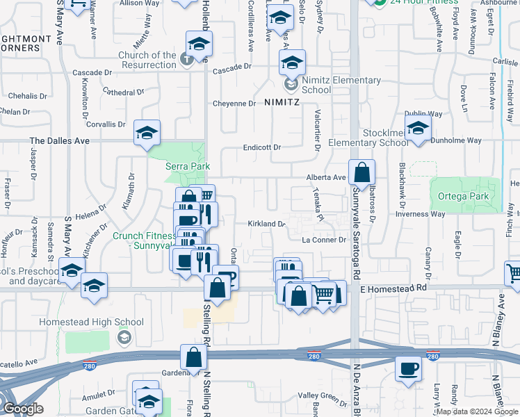 map of restaurants, bars, coffee shops, grocery stores, and more near 659 Kirkland Drive in Sunnyvale