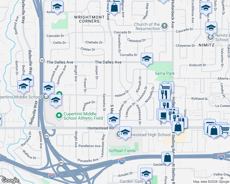 map of restaurants, bars, coffee shops, grocery stores, and more near 892 Helena Drive in Sunnyvale