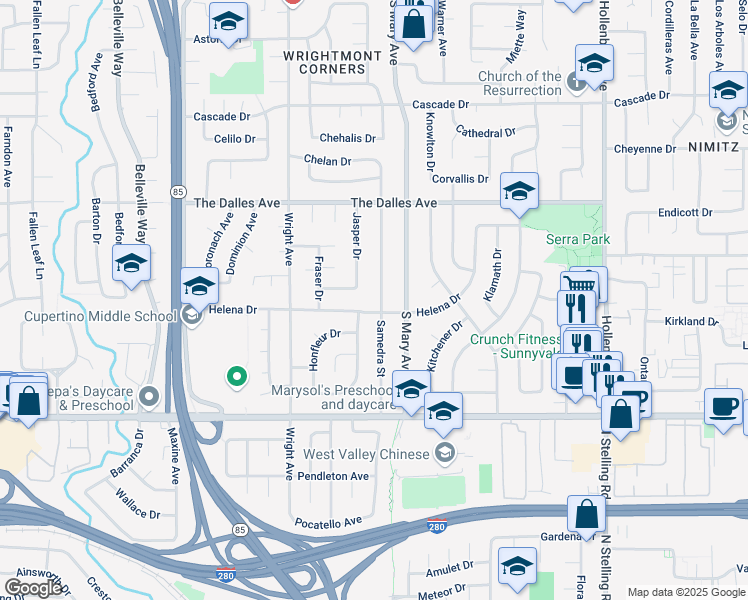 map of restaurants, bars, coffee shops, grocery stores, and more near 1602 Kamsack Drive in Sunnyvale