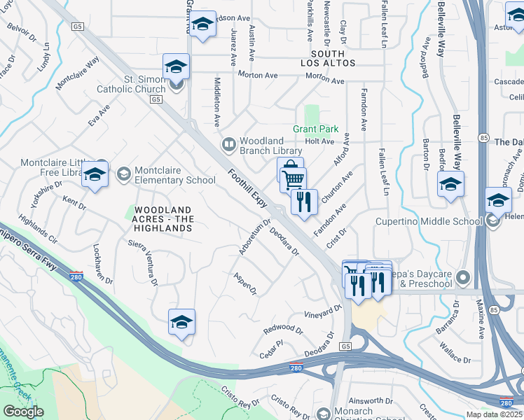 map of restaurants, bars, coffee shops, grocery stores, and more near 492 Deodara Drive in Los Altos