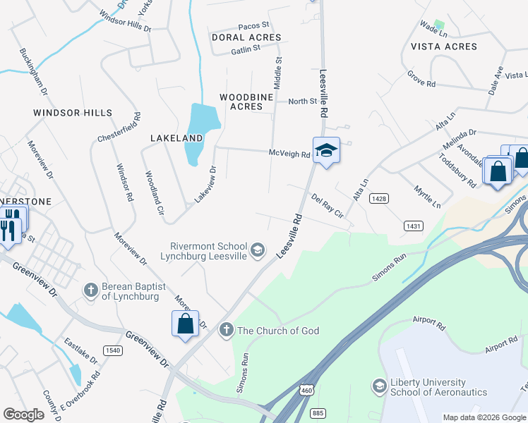 map of restaurants, bars, coffee shops, grocery stores, and more near 716 Leesville Road in Lynchburg