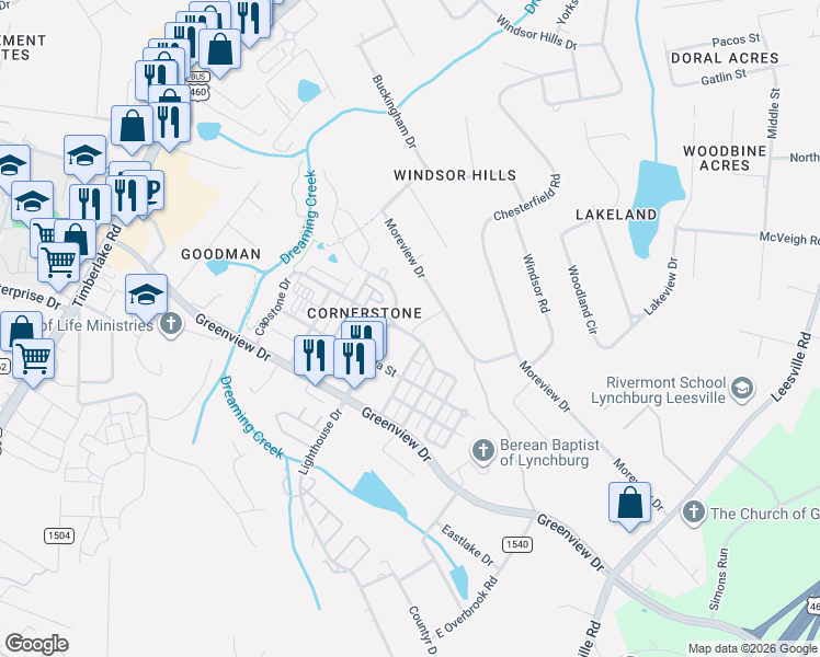 map of restaurants, bars, coffee shops, grocery stores, and more near 226 Colonnade Street in Lynchburg