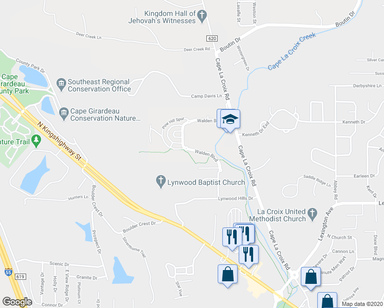 map of restaurants, bars, coffee shops, grocery stores, and more near 2867 Walden Boulevard in Cape Girardeau