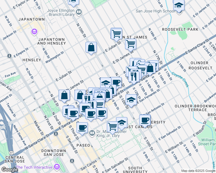 map of restaurants, bars, coffee shops, grocery stores, and more near 84 North 9th Street in San Jose