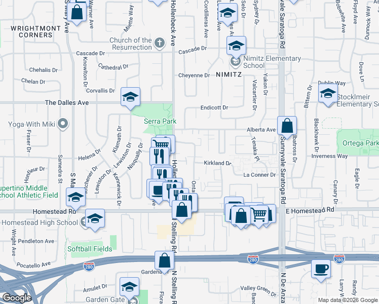 map of restaurants, bars, coffee shops, grocery stores, and more near 1601 Ontario Drive in Sunnyvale