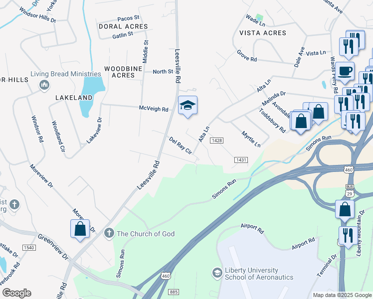 map of restaurants, bars, coffee shops, grocery stores, and more near Del Ray Circle in Lynchburg