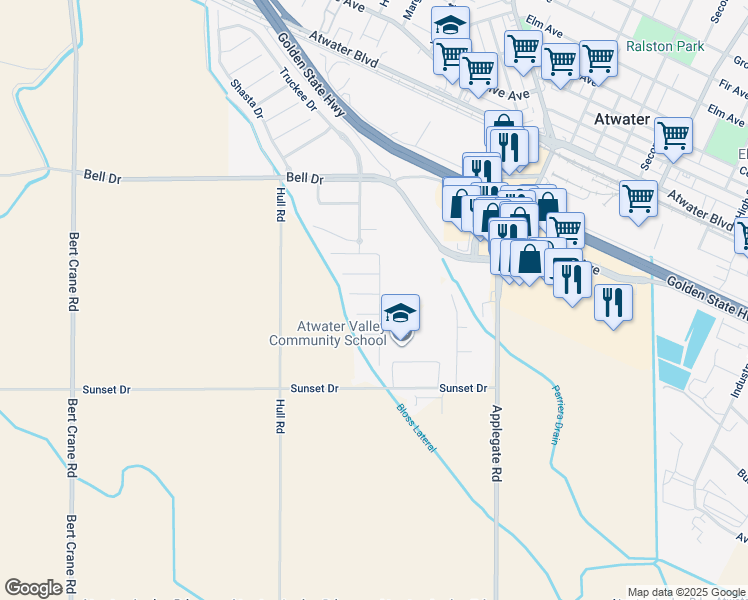 map of restaurants, bars, coffee shops, grocery stores, and more near 2084 Glory Court in Atwater