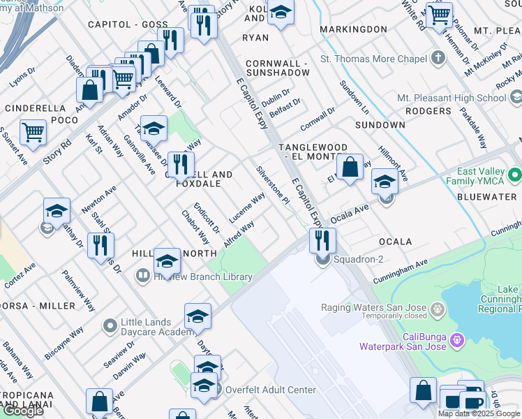 map of restaurants, bars, coffee shops, grocery stores, and more near 2493 Alfred Way in San Jose