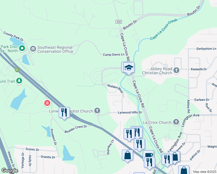 map of restaurants, bars, coffee shops, grocery stores, and more near 2867 Walden Boulevard in Cape Girardeau