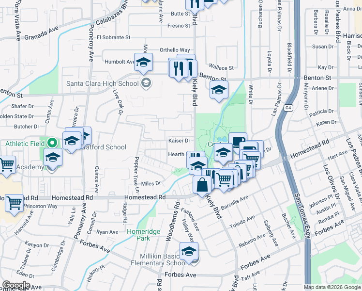 map of restaurants, bars, coffee shops, grocery stores, and more near 2870 Kaiser Drive in Santa Clara