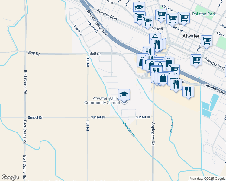 map of restaurants, bars, coffee shops, grocery stores, and more near 2092 Glory Court in Atwater