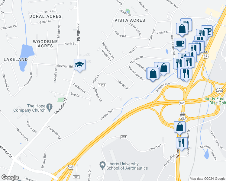map of restaurants, bars, coffee shops, grocery stores, and more near 59 Edgewood Drive in Lynchburg