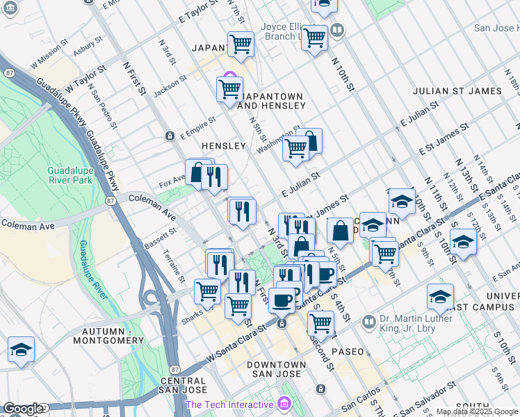 map of restaurants, bars, coffee shops, grocery stores, and more near E Julian St & N 3rd St in San Jose