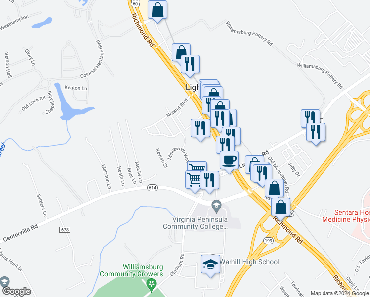 map of restaurants, bars, coffee shops, grocery stores, and more near 6597 Battlefield Drive in Williamsburg