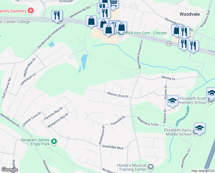 map of restaurants, bars, coffee shops, grocery stores, and more near 13620 Bermuda Orchard Lane in Chester