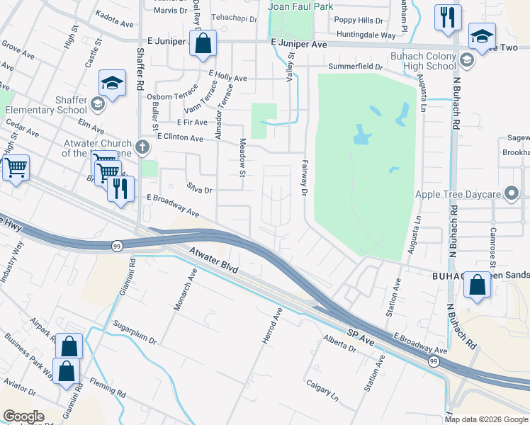 map of restaurants, bars, coffee shops, grocery stores, and more near 8 Rancho Grande Circle in Atwater