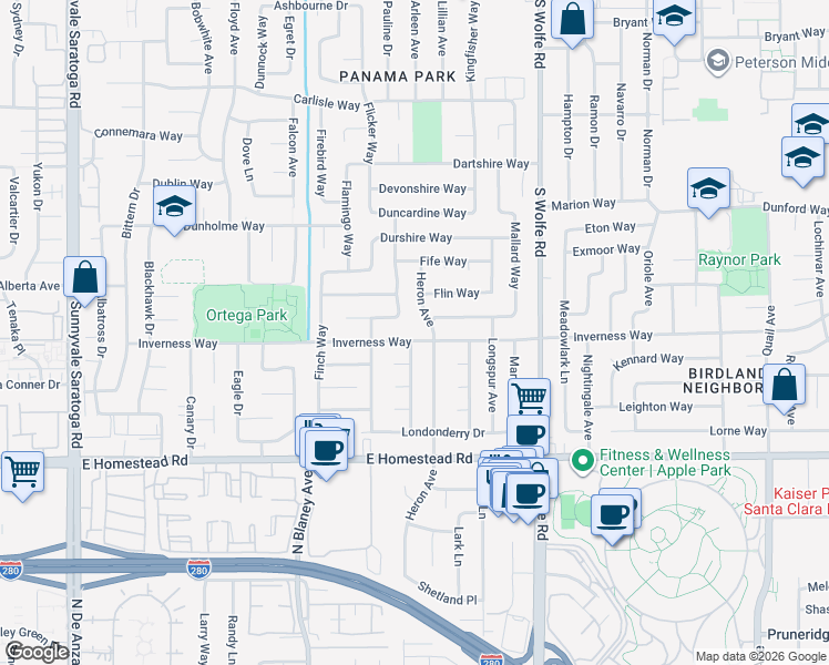 map of restaurants, bars, coffee shops, grocery stores, and more near 1606 Grosbeak Avenue in Sunnyvale