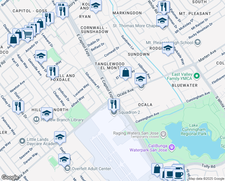 map of restaurants, bars, coffee shops, grocery stores, and more near 1701 South Capitol Avenue in San Jose