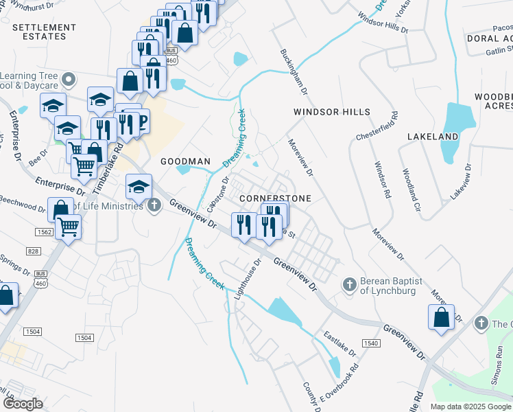 map of restaurants, bars, coffee shops, grocery stores, and more near 303 Rotunda Street in Lynchburg
