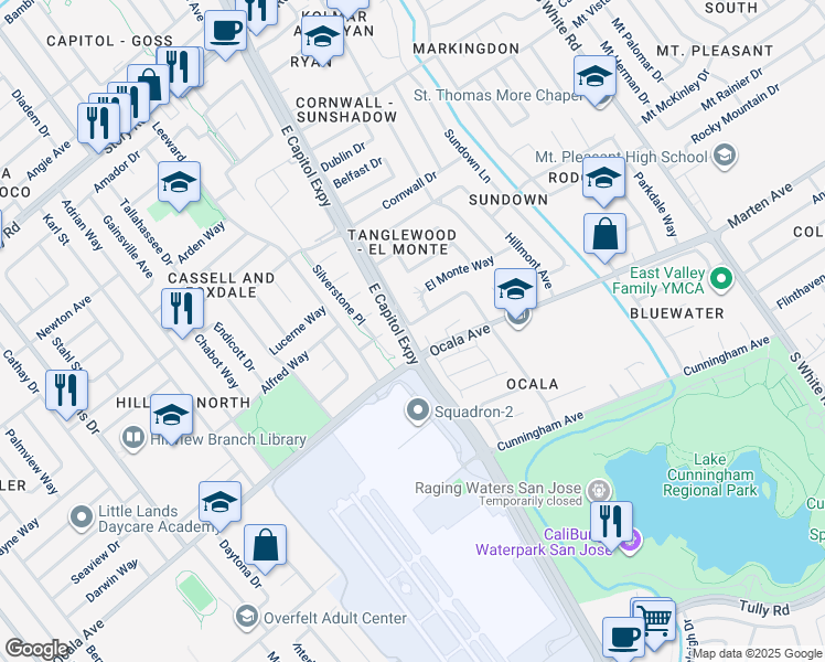 map of restaurants, bars, coffee shops, grocery stores, and more near 1701 South Capitol Avenue in San Jose