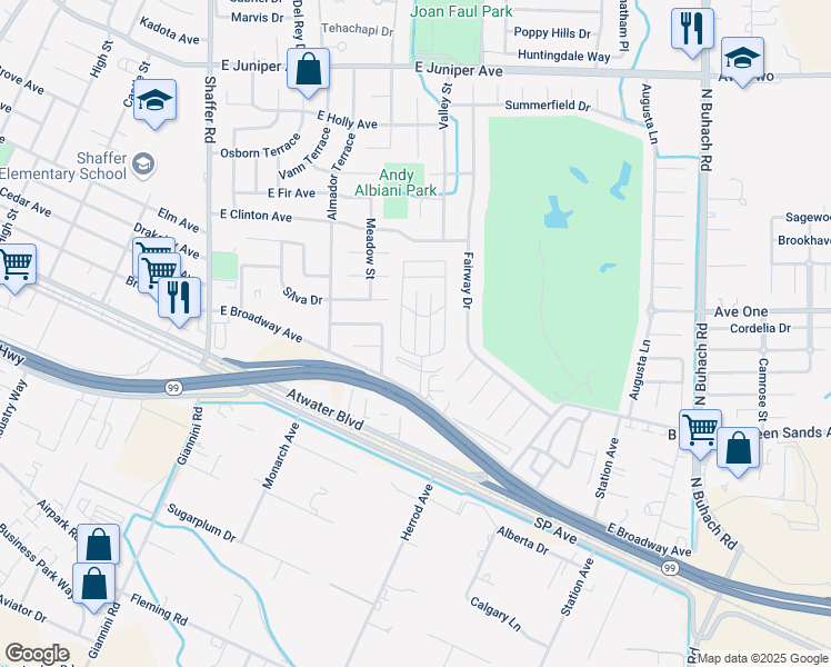 map of restaurants, bars, coffee shops, grocery stores, and more near 8 Rancho Grande Circle in Atwater