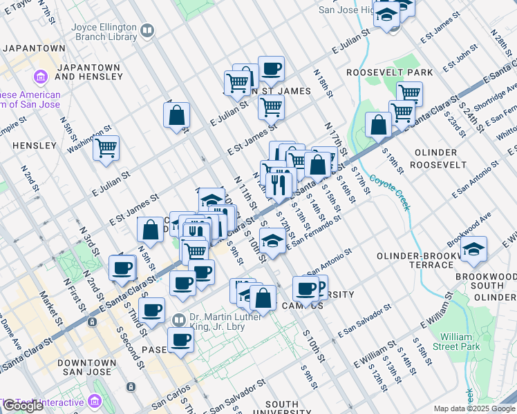 map of restaurants, bars, coffee shops, grocery stores, and more near 4 South 11th Street in San Jose