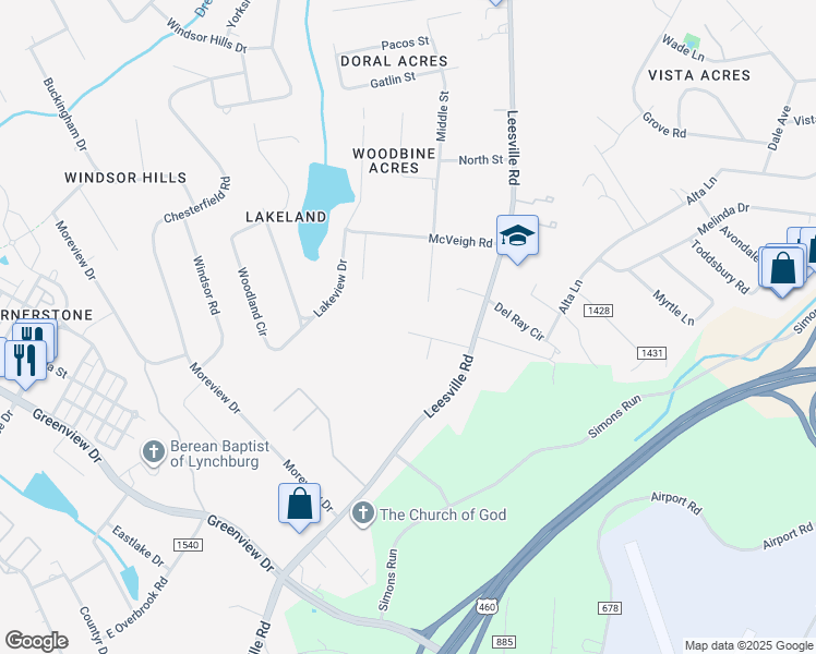 map of restaurants, bars, coffee shops, grocery stores, and more near 736 Leesville Road in Lynchburg