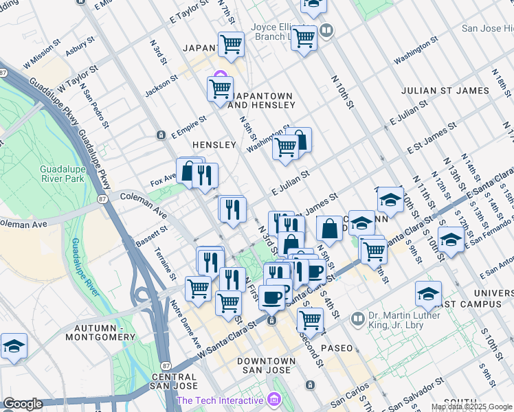 map of restaurants, bars, coffee shops, grocery stores, and more near 275 North 3rd Street in San Jose