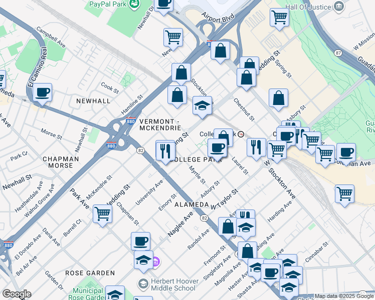 map of restaurants, bars, coffee shops, grocery stores, and more near 992 University Avenue in San Jose