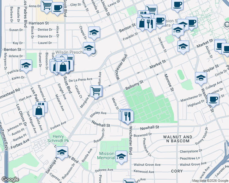 map of restaurants, bars, coffee shops, grocery stores, and more near 1902 Bellomy Street in Santa Clara