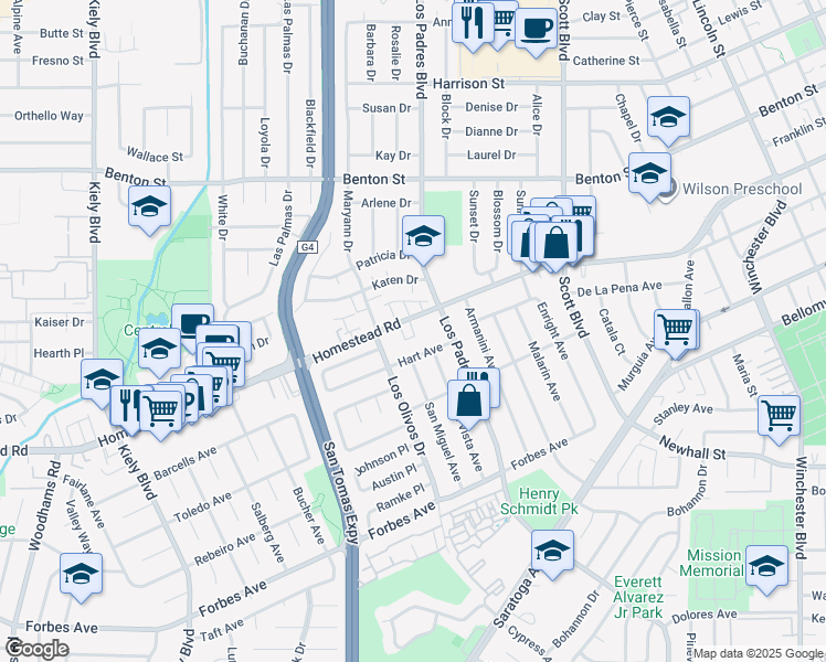 map of restaurants, bars, coffee shops, grocery stores, and more near 2353 Hart Avenue in Santa Clara