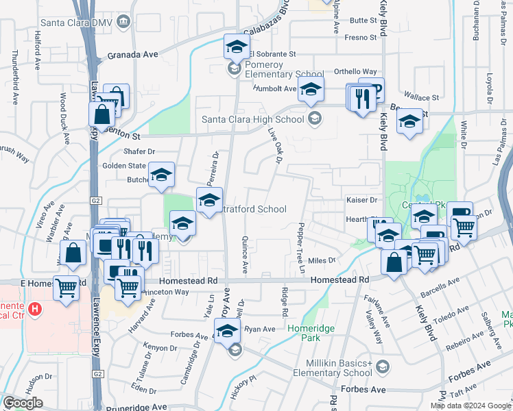 map of restaurants, bars, coffee shops, grocery stores, and more near 895 Quince Avenue in Santa Clara