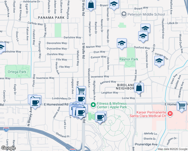 map of restaurants, bars, coffee shops, grocery stores, and more near 1618 Meadowlark Lane in Sunnyvale