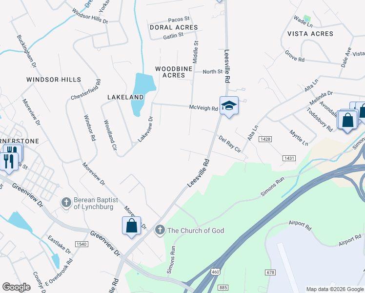 map of restaurants, bars, coffee shops, grocery stores, and more near 736 Leesville Road in Lynchburg