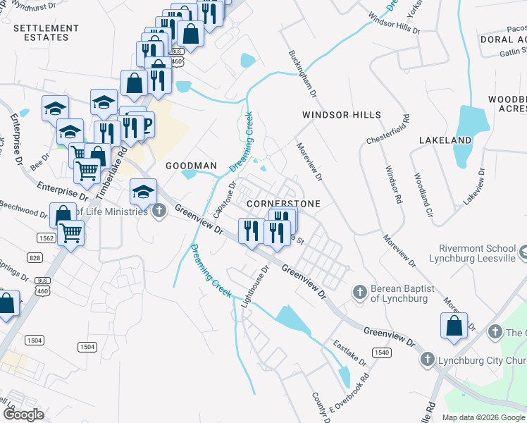 map of restaurants, bars, coffee shops, grocery stores, and more near 303 Rotunda Street in Lynchburg