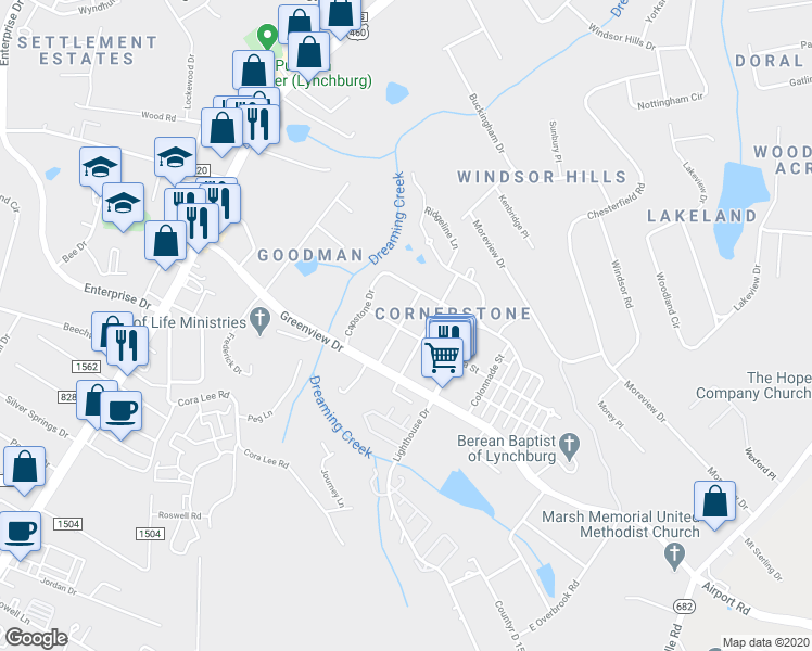 map of restaurants, bars, coffee shops, grocery stores, and more near 118 Capital Street in Lynchburg