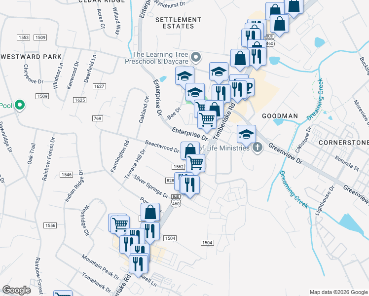 map of restaurants, bars, coffee shops, grocery stores, and more near 92 County Road 769 in Lynchburg