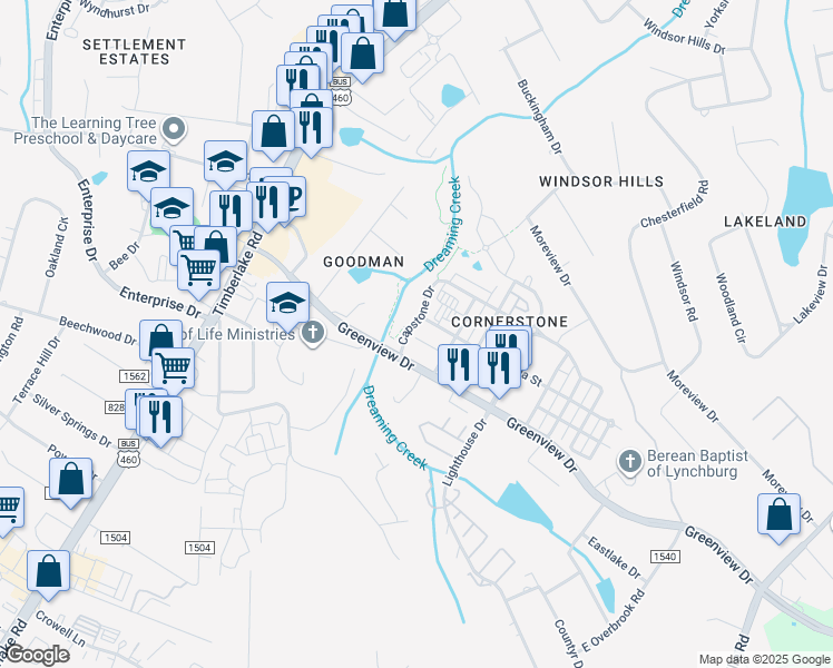map of restaurants, bars, coffee shops, grocery stores, and more near 100 Capstone Drive in Lynchburg