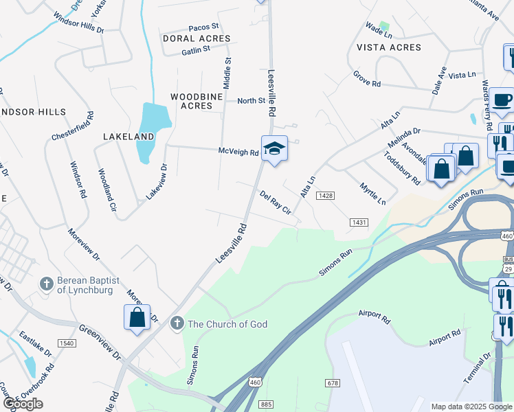 map of restaurants, bars, coffee shops, grocery stores, and more near 719 Leesville Road in Lynchburg