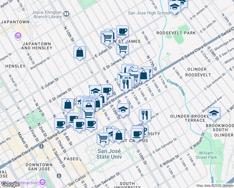 map of restaurants, bars, coffee shops, grocery stores, and more near 4 South 11th Street in San Jose