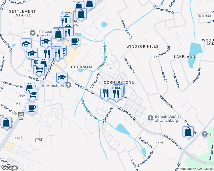 map of restaurants, bars, coffee shops, grocery stores, and more near 118 Capital Street in Lynchburg