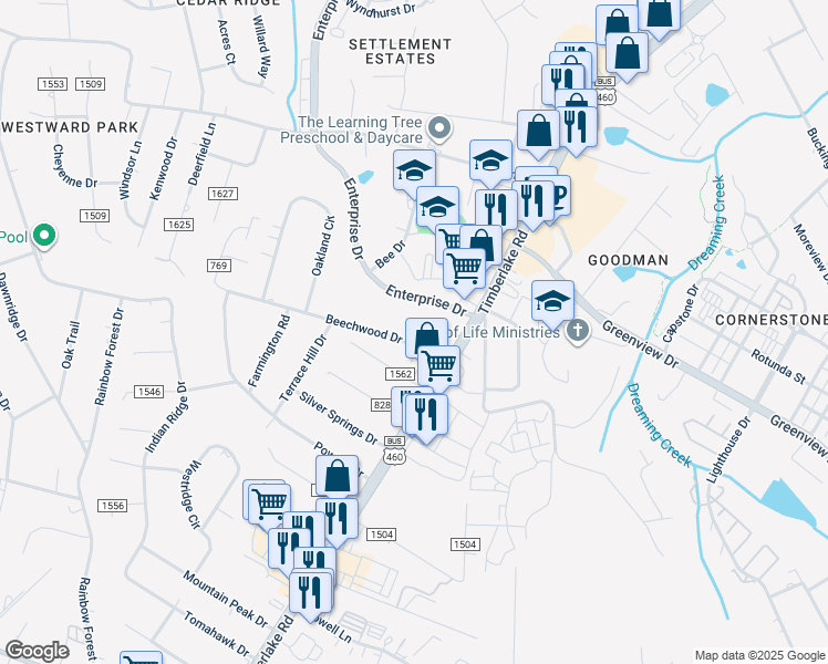 map of restaurants, bars, coffee shops, grocery stores, and more near 92 County Road 769 in Lynchburg