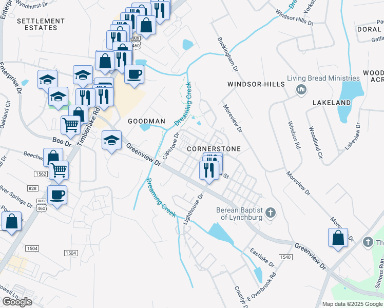 map of restaurants, bars, coffee shops, grocery stores, and more near 202 Capital Street in Lynchburg