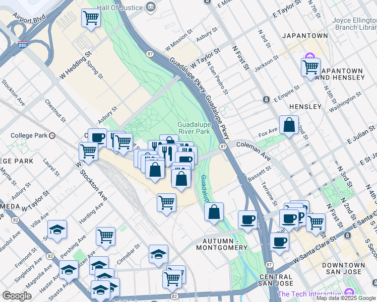 map of restaurants, bars, coffee shops, grocery stores, and more near 480 Coleman Avenue in San Jose