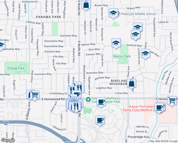map of restaurants, bars, coffee shops, grocery stores, and more near 1618 Meadowlark Lane in Sunnyvale